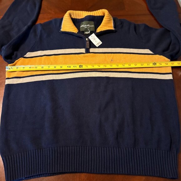 Eddie Bauer XL Tall Mens Navy Yellow Striped 1/4 Zip Sweater 100% Cotton - Picture 8 of 11